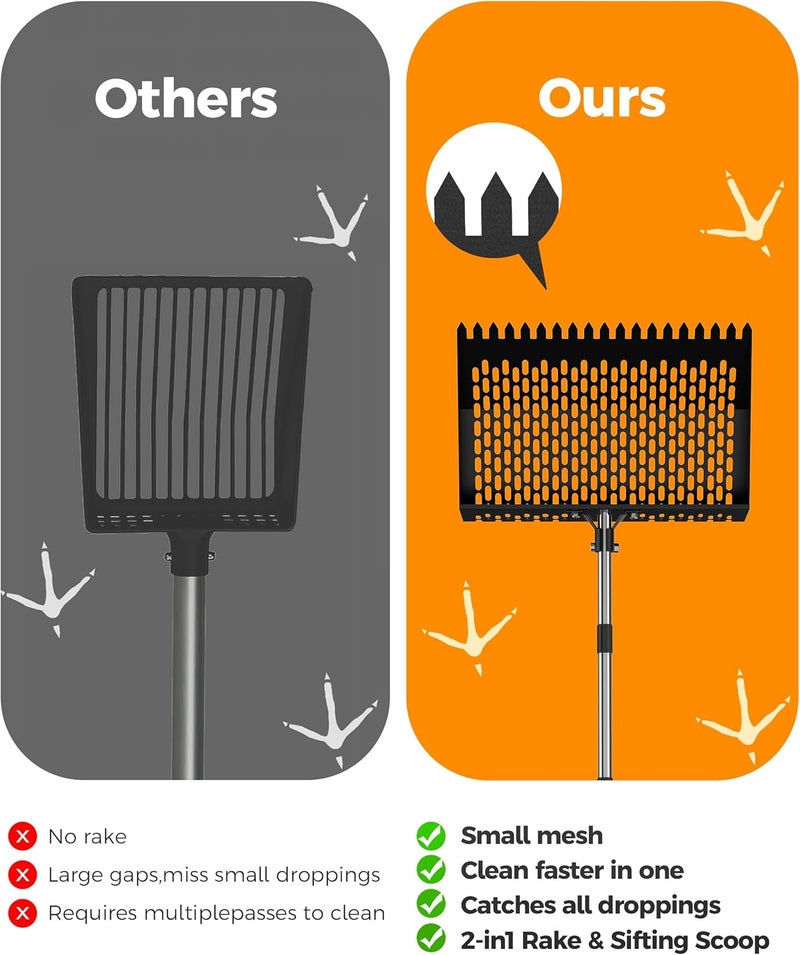 Besly 15 inches Large Chicken Poop Scooper & Rake 2-in-1, Adjustable Chicken Coop Pooper Shovel (37 to 77"), Sifting Litter Shovel Scoop for Chicken Coop/Goat Stall/Stable Cleaning Tool - Image 3